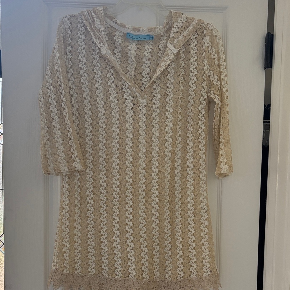 Solitaire Beige and White Crochet Swim Coverup